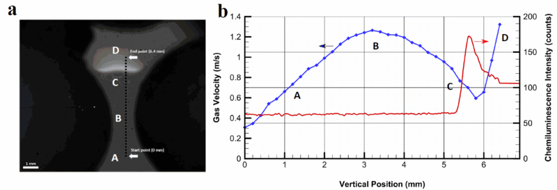 Left: Flame in between the particles;  Right: LDA and chemiluminescence results